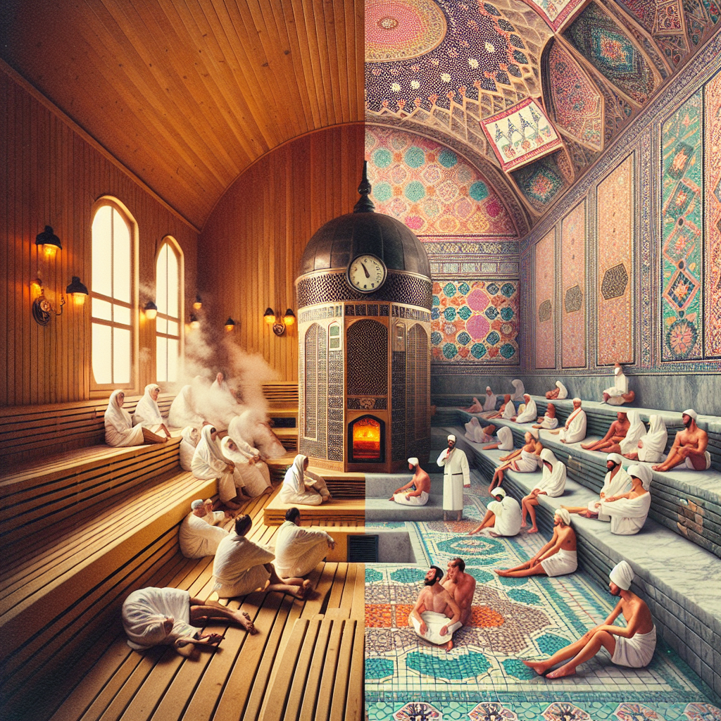 sauna vs hammam, steam room vs sauna, Turkish bath benefits, Finnish sauna characteristics, heat therapy comparison, dry heat vs moist heat, wellness and relaxation, spa treatments distinction, sauna health effects, hammam experience, cultural bathing practices, public baths contrast, traditional Turkish bathhouse, Scandinavian sauna culture